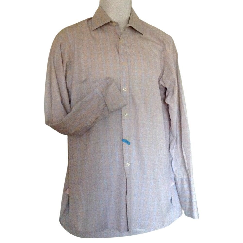 Thomas Pink London Men's Shirt 15-1/2 33 Blue Brown Plaid French Cuffs